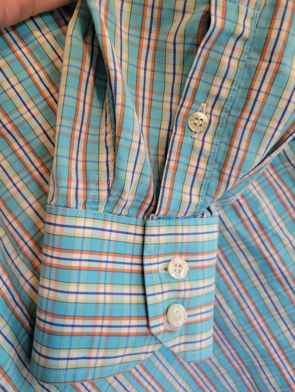 Lacoste 100% Cotton Teal Blue Yellow Plaid Button Down Long Sleeve Shirt Size L - Picture 13 of 16